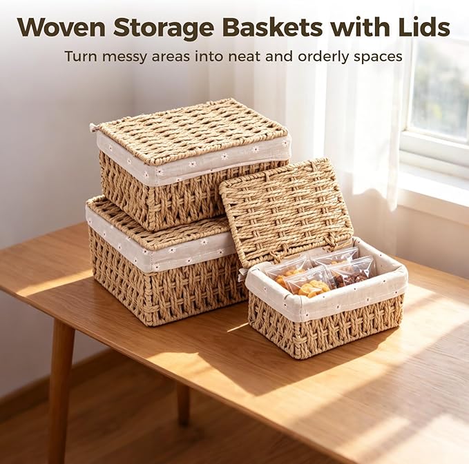 3PCS Small Wicker Basket With Lid and Liner, Handmade Rectangular Paper Rope Square Wicker Basket for Bedroom, Living Room, Desk, Cabinet Organization, Decorative Boxes Boho Decor