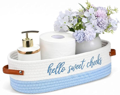 Hello Sweet Cheeks Bathroom Decoration Blue and White Cotton Rope Toilet Basket Toilet Paper Holder Basket Rustic Bathroom Organizer Farmhouse Home Decoration Organizing Small Baskets