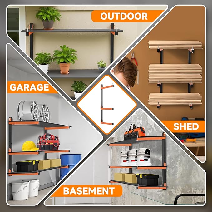 6 Pack Lumber Rack Wall Mount, Heavy Duty Wood Storage Racks, 9-Level System Organizer Shelving, 1080 LBS Capacity Hanging Garage Shelves, Orange Brackets Utility Metal Shelf for Indoor and Outdoor