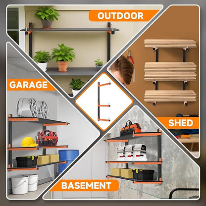 6 Pack Lumber Rack Wall Mount, Heavy Duty Wood Storage Racks, 9-Level System Organizer Shelving, 1080 LBS Capacity Hanging Garage Shelves, Orange Brackets Utility Metal Shelf for Indoor and Outdoor