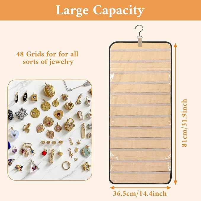 2 Pack Double Sided Hanging Jewelry Organizer for Closet with 48 Pockets & 30 Necklace Hooks, Premium Hanging Jewelry Storage for Earrings, Rings, Bracelets Display (Black)