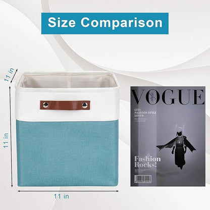 Bagnizer Collapsible Fabric Storage Cubes 11x11 Cube Storage Bins, 4 Pack Closet Baskets Box with Handles for Organizing, Shelf, Toys, Clothes, Home, Office, Nursery (Teal&White)