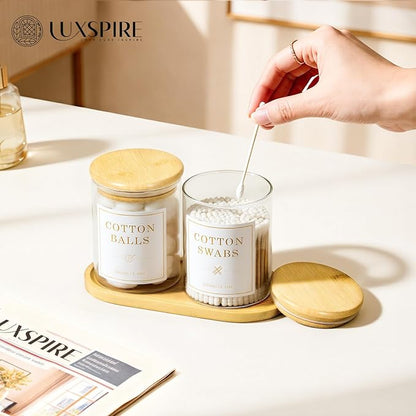 Luxspire Glass Qtip Holder with Vanity Tray, 2 Pack Cotton Swab Holder with Bamboo Lid, 13.4 oz Glass Apothecary Jars Bathroom Accessories Canisters for Cotton Swabs, Balls, Pads, Floss Picks