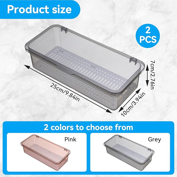 2PCS Silverware Organizer with Lid, Silverware Tray with Drainer Kitchen Cutlery Tray and Utensil Storage Container to Keeps Your Cutlery Organized (Grey)