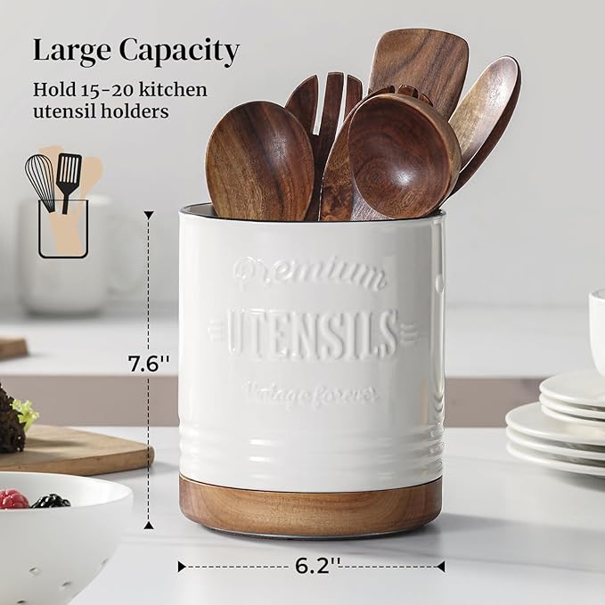 DOWAN 360° Rotating Extra Large Cooking Utensil Holder, 7.6" Kitchen Utensil Holder for Countertop, Utensil Crock for Farmhouse Kitchen Decor, Ceramic Stable Utensil Caddy, White Text