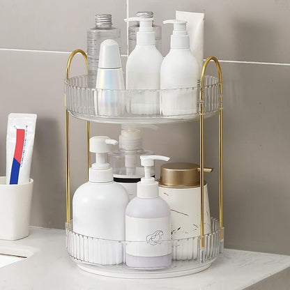 360 Rotating Makeup Organizer for Vanity, Bathroom Countertop Spinning Perfume Organizer, High-Capacity Cosmetic and Skincare Dresser Make Up Holder Rack (2 Tiers, White)