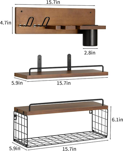 3-Tier Bathroom Floating Shelves with Curling Iron Holder & Hair Tool Organizer, Wall Mounted Rustic Wood Storage Rack Over Toilet with Hair Dryer Holder for Bathroom Decor & Organization