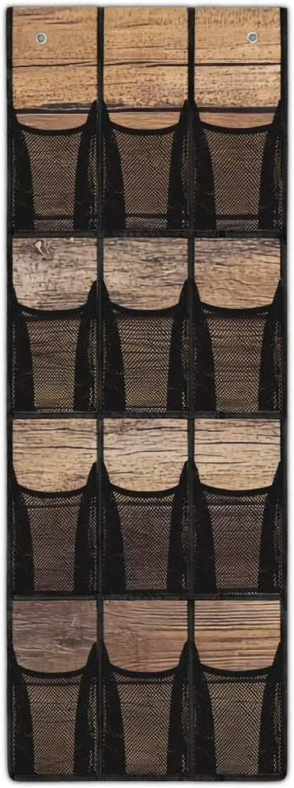 12 Pockets Door Hanger Organizer Woodgrain Over The Door Shoe Organizer Space Saving Multi-Funtion Storage Bag Mesh Fabric Wall Hanging Storage for Bathroom