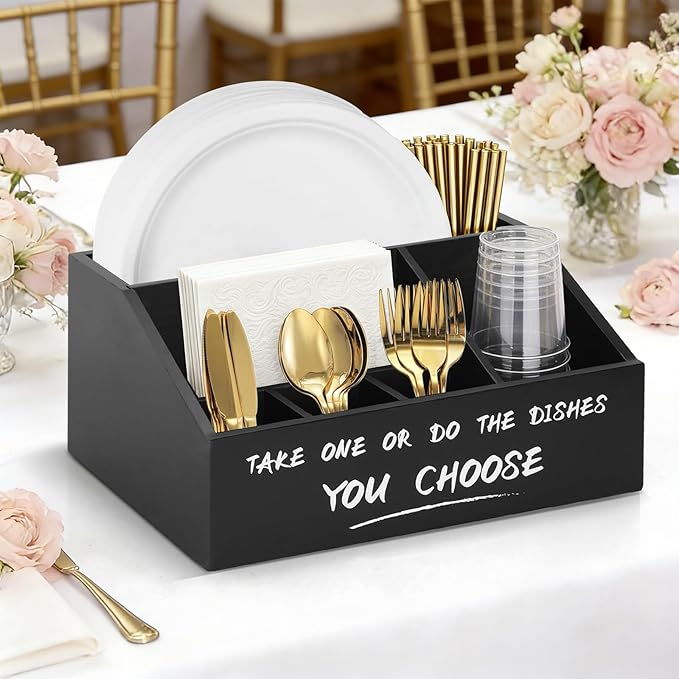 Paper Plate Dispenser, Wood Paper Plate Holders for Kitchen Counter, Rustic Silverware Utensil Organizer for Party, Utensil Caddy for Cups Spoons Forks Plates Napkins, Accessories for Camping Buffet