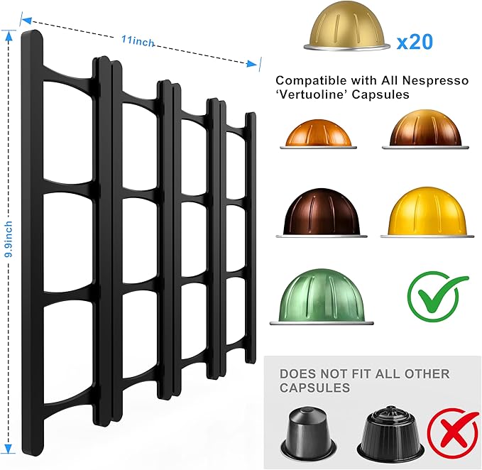 Coffee Pod Holder Compatible with Nespresso VertuoLine Capsules – 20-Pod Space-Saving Organizer for Wall, Cabinet, or Under-Counter Mount, Black