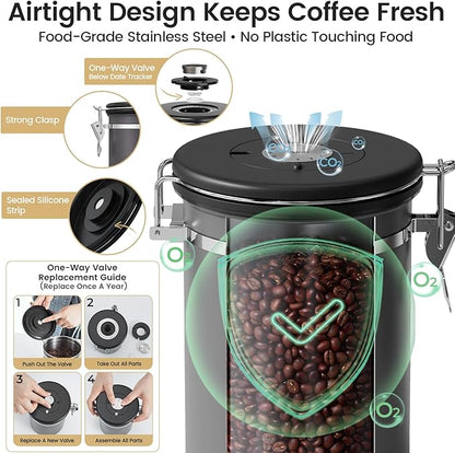 Veken Coffee Canister with Window,Airtight Stainless Steel Kitchen Food Storage Container, Date Tracker & Scoop for Grounds Coffee, Beans, Tea, Flour, Cereal,Sugar,22OZ,Grey (Pack of 2)