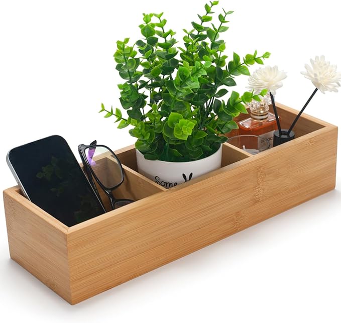 Bamboo Bathroom Basket, Wood Toilet Tank Basket, Wooden Storage Box with 3 Compartments for Bathroom Organizer (14.6 x 4.7 x 3.1 inch)