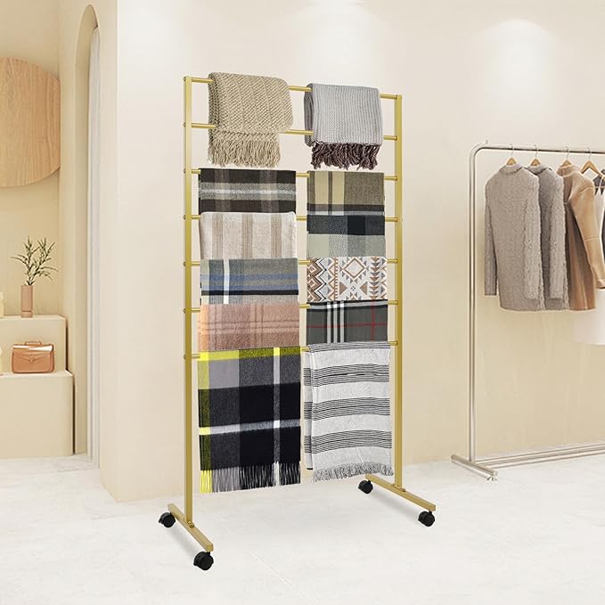 Floor Standing Scarf Display Stand with 360 Swivel Caster Wheels, Movable Freestanding Scarf Floor Standing Display Rack, Belt Shawl Hijab Organizer for Boutique Display (Gold)