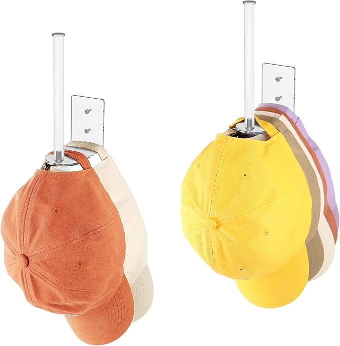Durmmur 2 Pack Hat Racks for Baseball Caps, Acrylic Hat Organizer, Hat Hooks for Wall, Hat Holder Storage Organizer, Hat Hanger Strong Adhesive/Wall Drilled for Door, Bedroom, Closet(Clear 6 in)