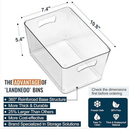 12 PACK LARGE Clear Storage Bins with Handles & Labels, Multiuse Plastic Pantry Organizer Bins for Home Kitchen, Fridge, Freezer, Cabinet, Closet, Bathroom, Shelf, Laundry, RV, Under Sink Organization