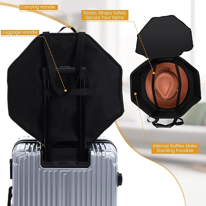 Wonderjune 2 Pcs Cowboy Hat Box for Storage Collapsible Sturdy Cowboy Hat Case with Handle for Men and Women Travel Storage Organizer Large Cap Bag for Closet(Black)