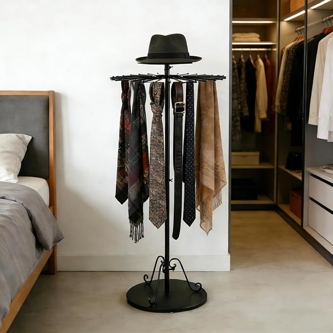 Black 360°Rotating Scarf Display Tie Rack Belt Hanger Shawl Hijab Stand, Boutique Retail Display Stand Home Organizer Holder for Commercial Clothing Store, Bedroom(49.2in, 30 Hanging Rods)