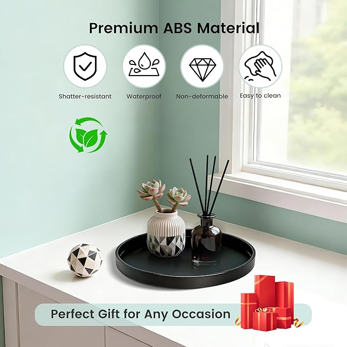 Bathroom Vanity Tray, 1 Pack 9" ABS Black Round Vanity Trays for Bathroom Counter, Dresser Decor Trays for Perfume, Candles, Keys, Kitchen Countertop Organizer, Decorative Tray Soap Holder