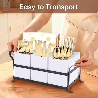 Silverware Caddy Metal Utensil Holder for Party Countertop Silverware Utensil Caddy Cutlery Flatware Organizer for Spoons Forks Plates Napkins white&Black