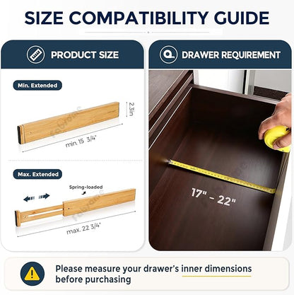 Fabsome Drawer Divider 6 Pack, Bamboo Kitchen Dividers Organizers Adjustable 17''-22'', Wooden Dresser Separators for Nursery Organization Clothes Socks Underwear Baby Clothing, with Soft Foam Ends