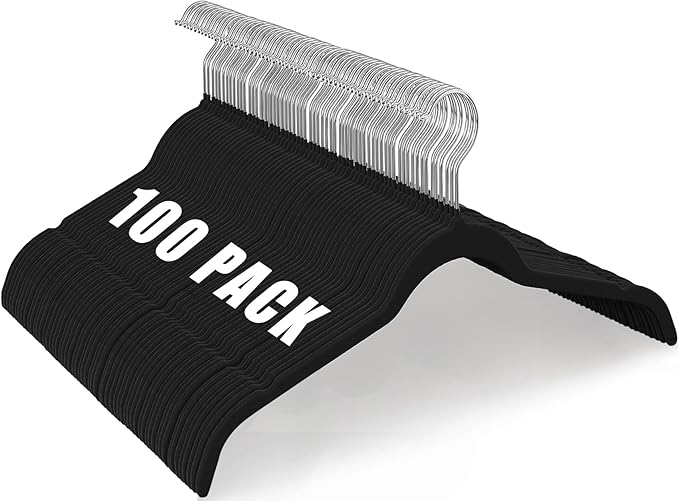 Black Velvet Hangers 100 Pack, Non-Slip Felt Hangers with Shoulder Notches, Slim Space Saving Clothes Hangers with 360°Swivel Hook for Shirts Heavy Coats Clothes Dresses Closet (Black)