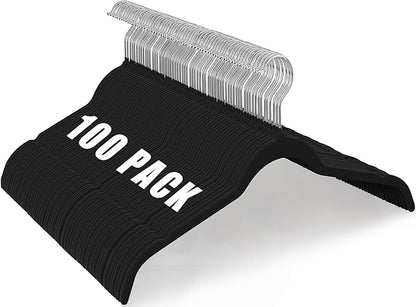 Black Velvet Hangers 100 Pack, Non-Slip Felt Hangers with Shoulder Notches, Slim Space Saving Clothes Hangers with 360°Swivel Hook for Shirts Heavy Coats Clothes Dresses Closet (Black)