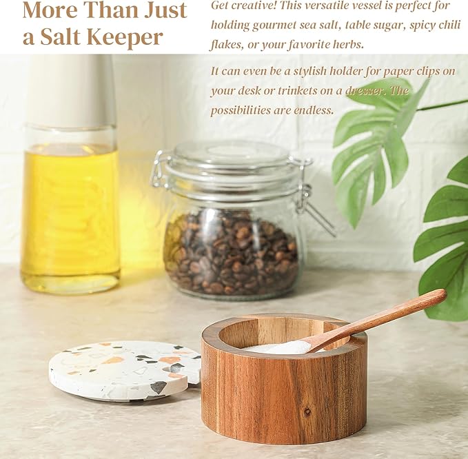 Wooden Salt Cellar with Marble Lid,Salt Container Box Bowl for Countertop,Elegant Salt Holder Jar Dish with Spoon,Kitchen Seasoning Containers for Salt Pepper Sugar Spice Storage,6OZ