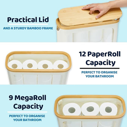 Toilet Paper Storage with Lid, Large Toilet Paper Holder for up to 12 Rolls, Free Standing Bathroom Storage Organizer with Lid, Beige