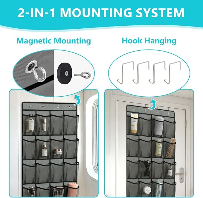 Esoes Cruise Ship Magnetic Door Organizer, 24 Pockets Magnetic Behind the Door Shoe Rack-4 Strong Anti-Scratch Magnets, Over the Door Organizer Cruise Essentials Storage for Cruise Cabin Travel