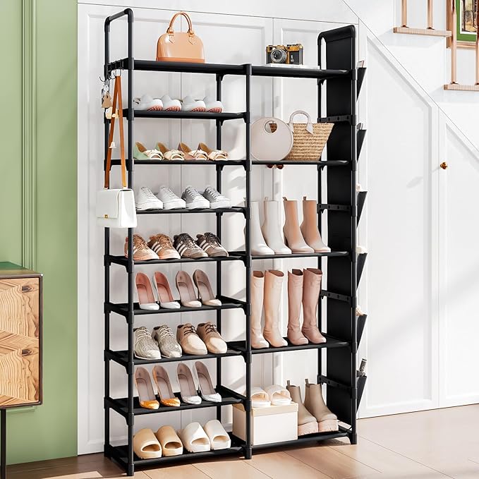 SUOERNUO Shoe Rack Organizer with Hook and Side Pocket, Metal Shoe Rack Storage Holds 25-35 Pairs, Large Black Stackable Freestanding Shoe Racks, 9-Tier Tall Shoe Rack for Closet, Entryway