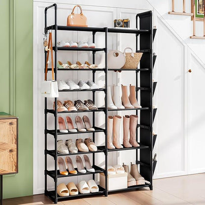 SUOERNUO Shoe Rack Organizer with Hook and Side Pocket, Metal Shoe Rack Storage Holds 25-35 Pairs, Large Black Stackable Freestanding Shoe Racks, 9-Tier Tall Shoe Rack for Closet, Entryway