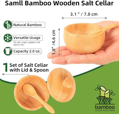 Bamboo Salt Bowl with Lid and Spoon, Small Wooden Spice Cellar for Storing Salt/Pepper/Herbs, Mini Rustic Seasoning Container Holder for Kitchen Countertop, 1/4 Cup Capacity