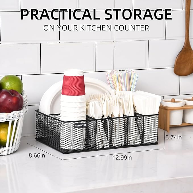 VIKEYHOME Paper Plate Organizer for Countertop, Metal Silverware Caddy with 6 Compartments for Cup, Napkin, Utensil Holder Caddy for Party, Camping, Picnic
