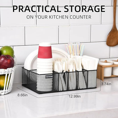 VIKEYHOME Paper Plate Organizer for Countertop, Metal Silverware Caddy with 6 Compartments for Cup, Napkin, Utensil Holder Caddy for Party, Camping, Picnic
