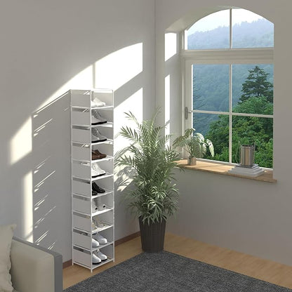 10 Tier Vertical Shoe Rack - White Narrow Shoe Rack for Closet & Entryway, Space Saving Tall Shoe Organizer for Small Spaces, Sturdy Skinny Shoe Tower Stand for Boots & Heels