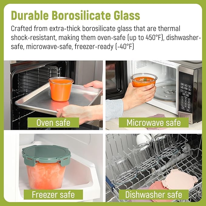 [UPGRADED LID] 6 Sets 3 Cup/24oz Borosilicate Glass Food Soup Containers with Lids, Meal Prep Storage Bowl Jars for Leftover Meal Lunch Oats Fruit Deli Salads - Microwave, Oven, Freezer Safe -BPA Free