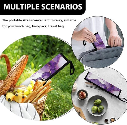 COEQINE Marble Utensil Holder Purple Butterfly Travel Utensil Case Silverware Carrying Bag Portable Leakproof Cutlery Pouch Straws Sleeve Knife Fork Spoon Organizer Holder for Picnic Travel