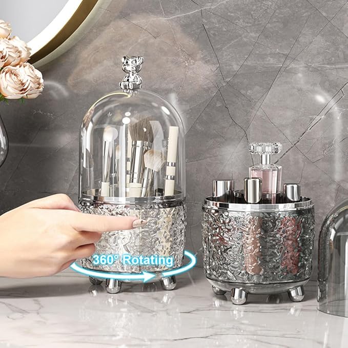Dezzer Makeup Brush Holder with Lid, 360 Rotating Dustproof Make Up Organizers, 6 Slot Make up Brush Holder for Vanity Bathroom Countertop Office, Clear