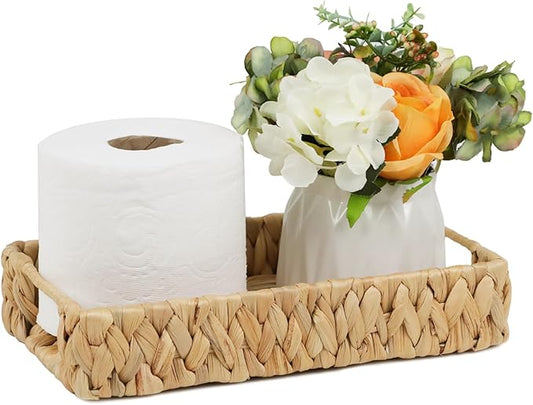 Bathroom Tray, 11 Inch Water Hyacinth Vanity Tray with Handle, Small Wicker Basket for Bathroom Toilet Tank Countertop, Wicker Bathroom Trays for Counter Decor