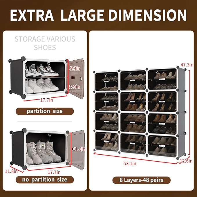 MAGINELS 8-Tier Shoe Rack,Expandable Plastic Shoe Cabinet. Shoe Storage with Door,Entryway, Closets, Hallway, and Bedroom.Accommodates Up to 48 Pairs of Shoes.Grey (3 by 8)