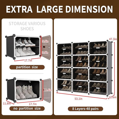 MAGINELS 8-Tier Shoe Rack,Expandable Plastic Shoe Cabinet. Shoe Storage with Door,Entryway, Closets, Hallway, and Bedroom.Accommodates Up to 48 Pairs of Shoes.Grey (3 by 8)