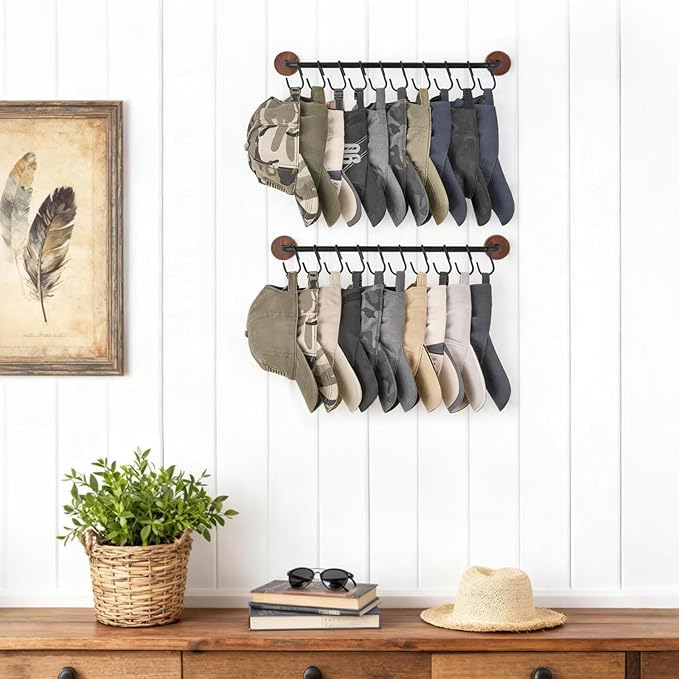 Mkono Hat Rack for Wall Hat Organizer for Baseball Caps Hanger with 20 Hooks Modern Metal Hat Holder Wall-Mounted Ball Caps Display for Closet Door Bedroom Entryroom Laundry, Set of 2