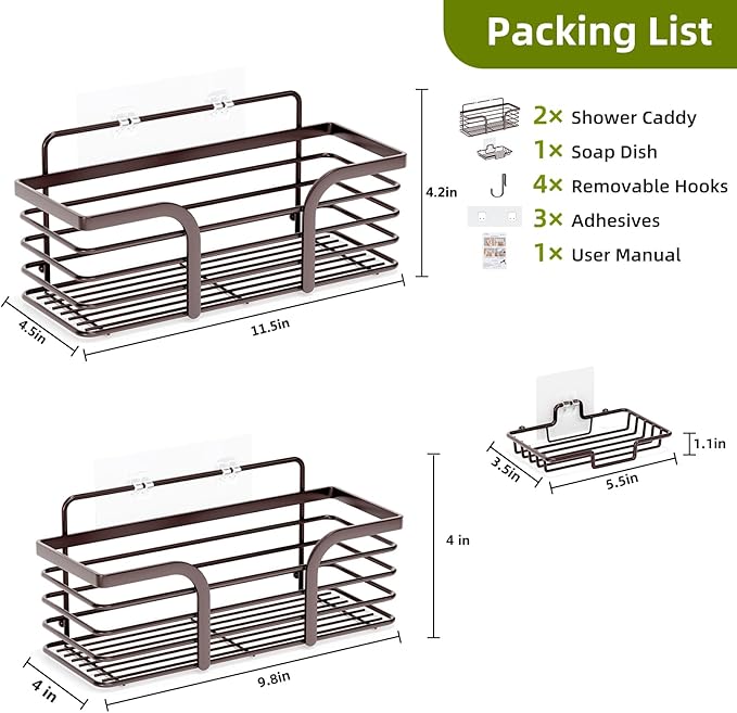Yougai Shower Caddy, Shower Organizer with Soap Holder and Hooks, Rustproof Shower Shelves, No Drilling Bathroom Organizers and Storage, Wall-Mounted Kitchen & Home Decor (Brown)