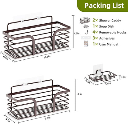 Yougai Shower Caddy, Shower Organizer with Soap Holder and Hooks, Rustproof Shower Shelves, No Drilling Bathroom Organizers and Storage, Wall-Mounted Kitchen & Home Decor (Brown)