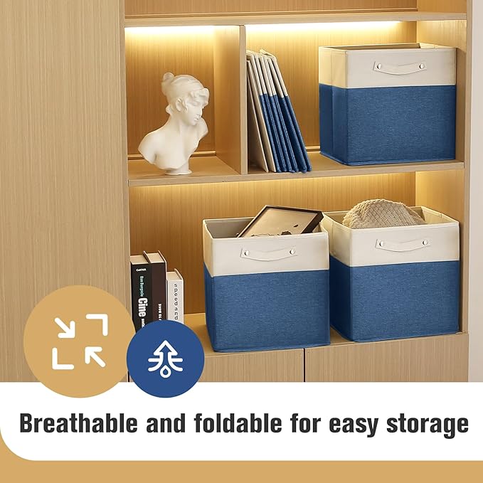FinishingBo 13 x 13 Inch Fine Linen Storage Bins with Handles，Fabric Cube Boxs，Basket Organizers for Shelves for Home, Closet Drawers (White/Blue-6 Pack)
