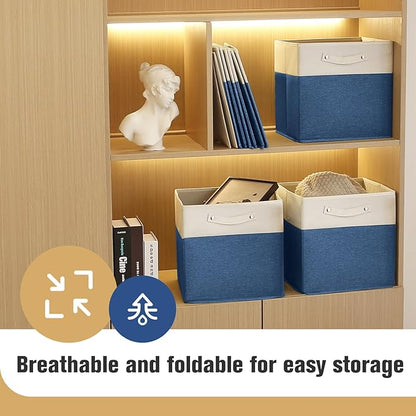 FinishingBo 13 x 13 Inch Fine Linen Storage Bins with Handles，Fabric Cube Boxs，Basket Organizers for Shelves for Home, Closet Drawers (White/Blue-6 Pack)