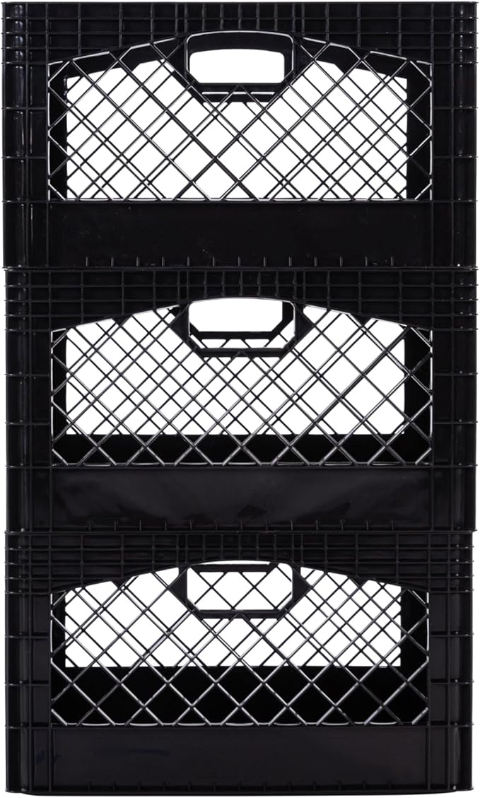 Rectangular Plastic Milk Crate Storage Tote with Handles, 24-Quart Stackable Organizer for Garage, Home, and Office, Made in the USA, 19" x 13" x 11" (3-Pack) - Black