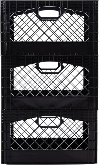 Rectangular Plastic Milk Crate Storage Tote with Handles, 24-Quart Stackable Organizer for Garage, Home, and Office, Made in the USA, 19" x 13" x 11" (3-Pack) - Black