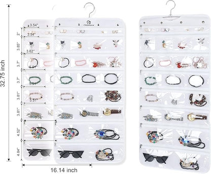 Hanging Jewelry Organizer with 50 Transparent Pockets, 360° Rotating Hanger & Secure Zipper Closure - Foldable Double Sided Jewelry Storage Bag for Earrings, Rings, Necklaces, Bracelets (White)