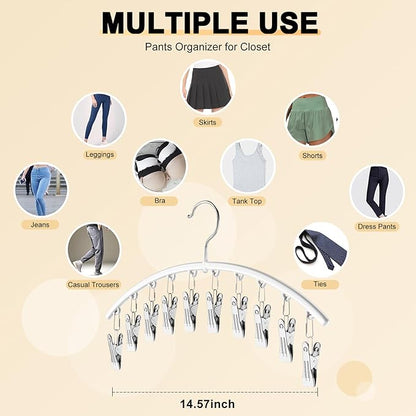 Legging Organizer for Closet, Metal Yoga Pants Hanger w/Rubber Coated 1 Pack w/10 Clips Hold 10 Leggings, Hangers Space Saving Hanging Closet Organizer for Closet Organizers and Storage-White